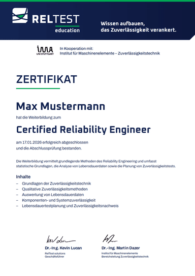 Musterzertifikat Certified Reliability Engineer