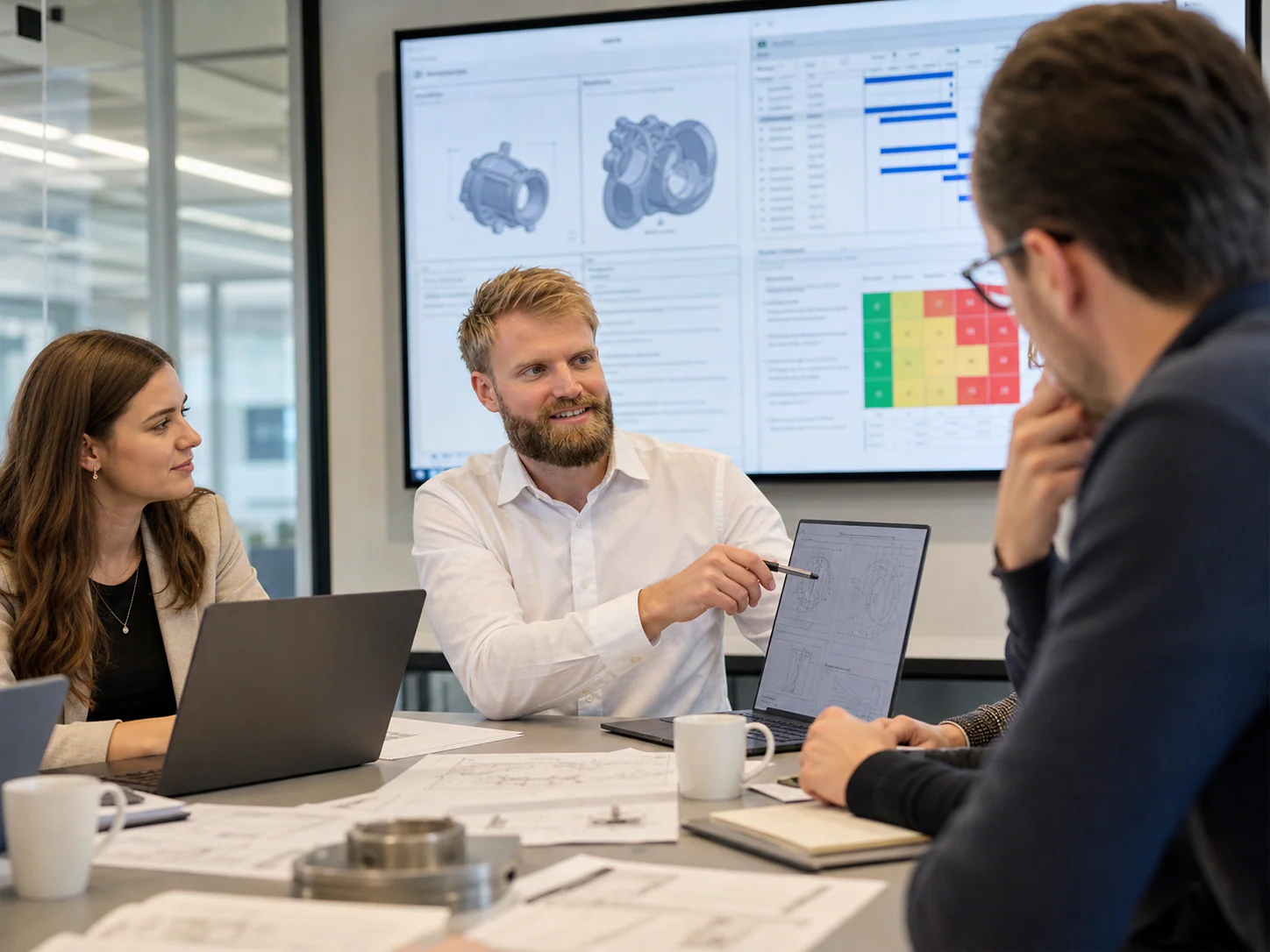 Technische Projektbesprechung mit Konstruktionsdaten und Risikobewertung