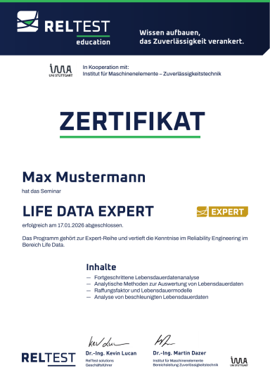 Musterzertifikat RelTest Expert – Beispiel Life Data Expert
